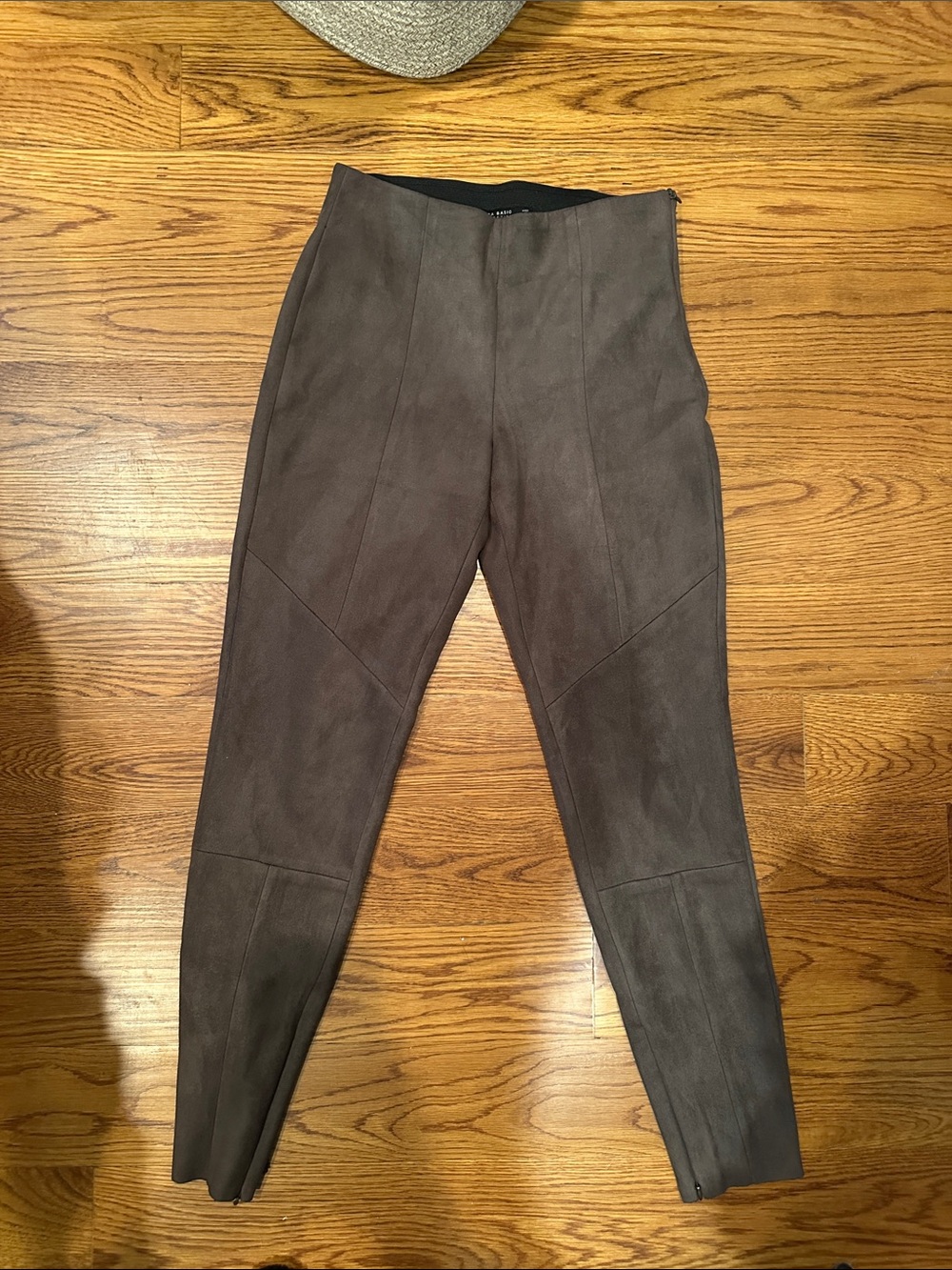 Zara High-Waist Faux Suede Moto Leggings in Dark Taupe